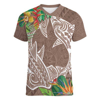 Polynesia Women V-Neck T-Shirt Sharks Duo Tropical Brown LT7 Female Brown - Polynesian Pride