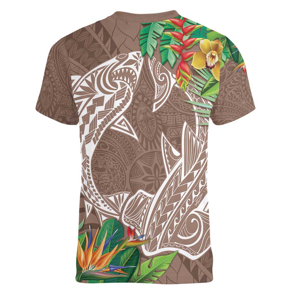 Polynesia Women V-Neck T-Shirt Sharks Duo Tropical Brown LT7 - Polynesian Pride