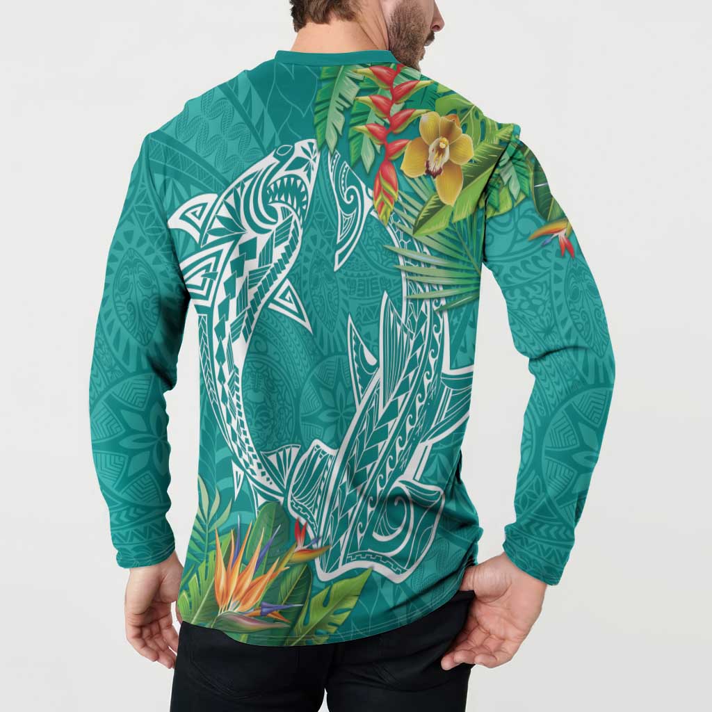 Polynesia Button Sweatshirt Sharks Duo Tropical Teal