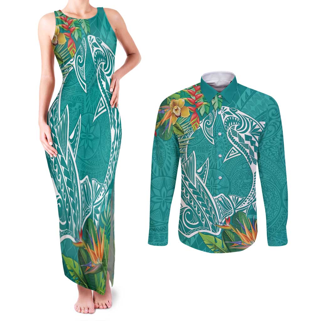 Polynesia Couples Matching Tank Maxi Dress and Long Sleeve Button Shirt Sharks Duo Tropical Teal LT7 Teal - Polynesian Pride