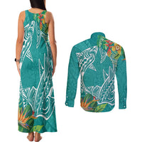 Polynesia Couples Matching Tank Maxi Dress and Long Sleeve Button Shirt Sharks Duo Tropical Teal LT7 - Polynesian Pride