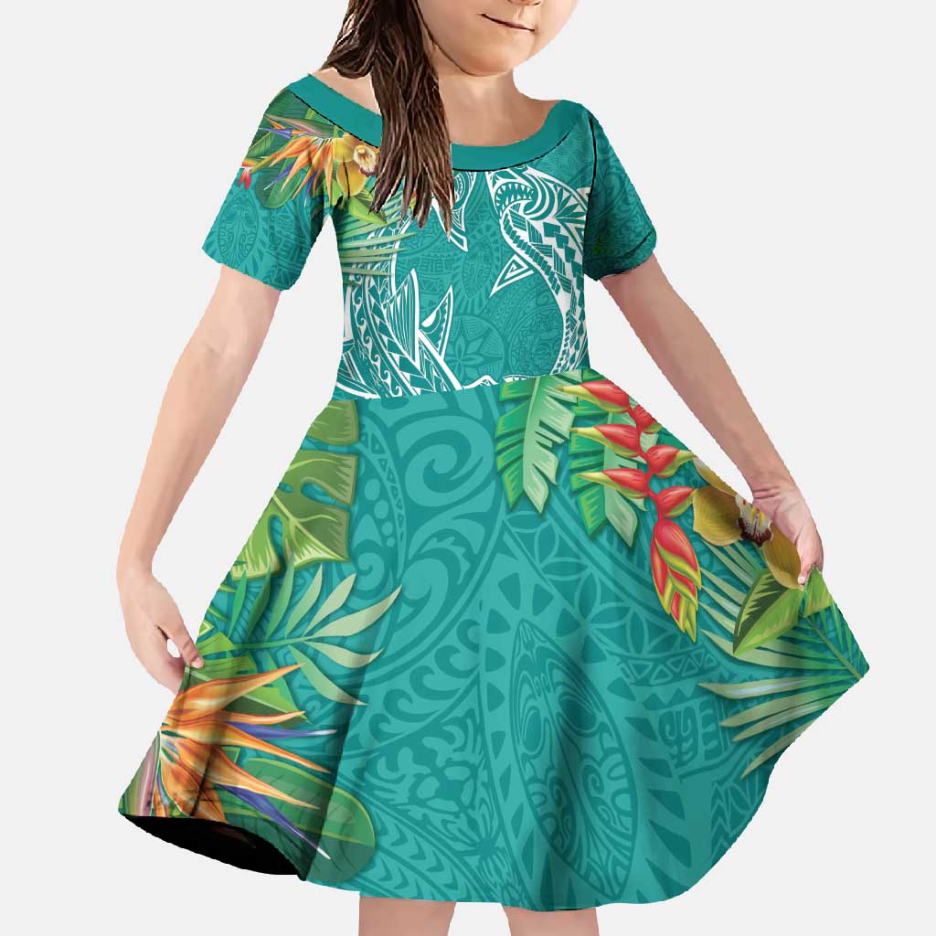 Polynesia Family Matching Long Sleeve Bodycon Dress and Hawaiian Shirt Sharks Duo Tropical Teal LT7 Daughter's Dress Teal - Polynesian Pride