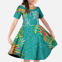 Polynesia Family Matching Long Sleeve Bodycon Dress and Hawaiian Shirt Sharks Duo Tropical Teal LT7 Daughter's Dress Teal - Polynesian Pride