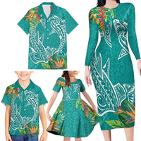 Polynesia Family Matching Long Sleeve Bodycon Dress and Hawaiian Shirt Sharks Duo Tropical Teal LT7 - Polynesian Pride