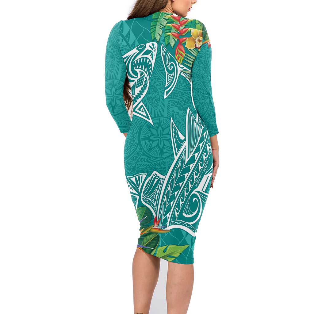 Polynesia Family Matching Long Sleeve Bodycon Dress and Hawaiian Shirt Sharks Duo Tropical Teal LT7 - Polynesian Pride