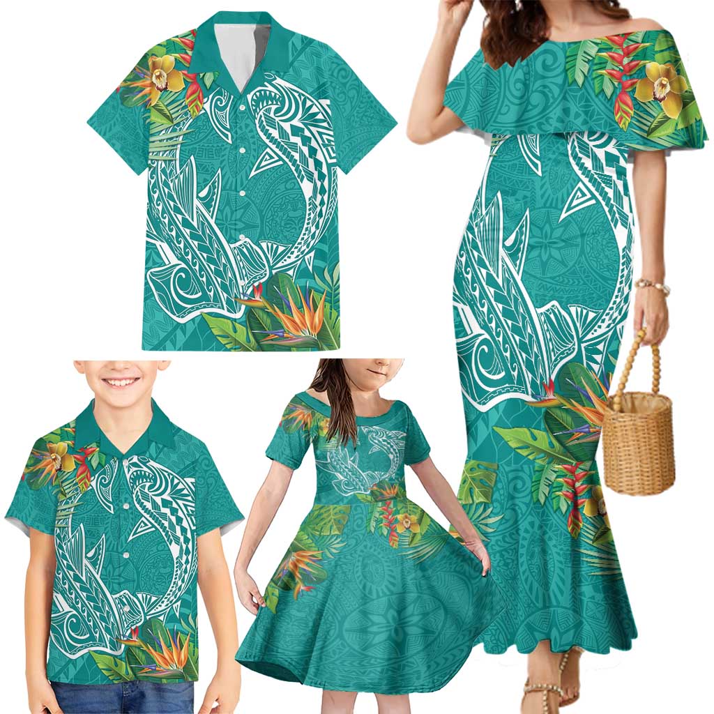 Polynesia Family Matching Mermaid Dress and Hawaiian Shirt Sharks Duo Tropical Teal LT7 - Polynesian Pride