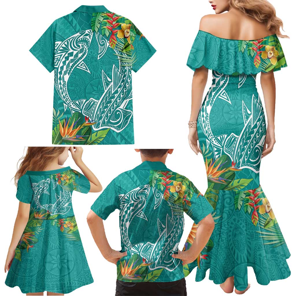 Polynesia Family Matching Mermaid Dress and Hawaiian Shirt Sharks Duo Tropical Teal LT7 - Polynesian Pride