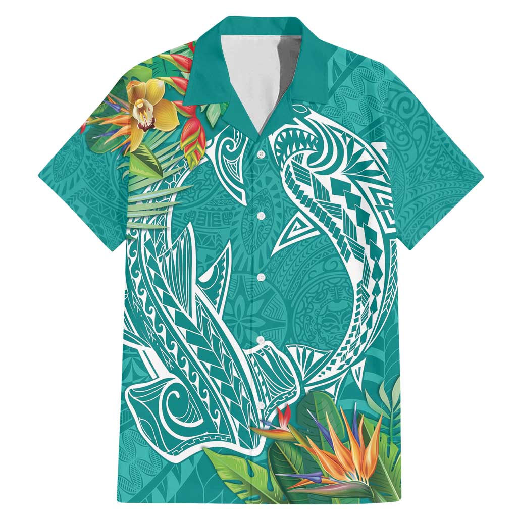 Polynesia Family Matching Mermaid Dress and Hawaiian Shirt Sharks Duo Tropical Teal LT7 Dad's Shirt - Short Sleeve Teal - Polynesian Pride