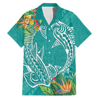 Polynesia Family Matching Mermaid Dress and Hawaiian Shirt Sharks Duo Tropical Teal LT7 Dad's Shirt - Short Sleeve Teal - Polynesian Pride