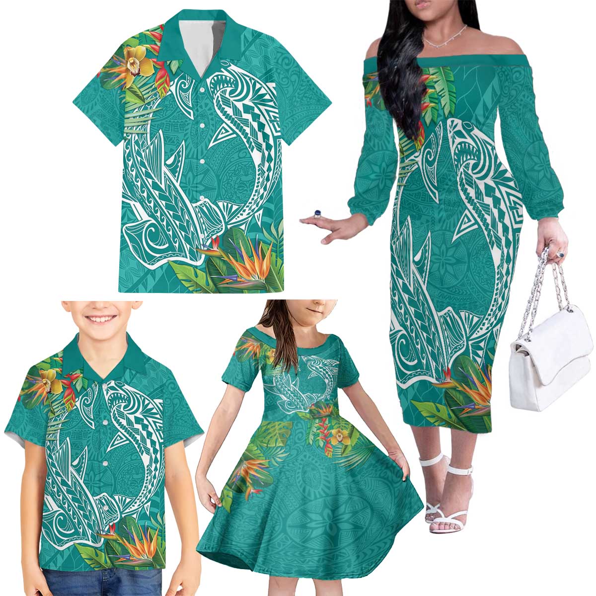 Polynesia Family Matching Off The Shoulder Long Sleeve Dress and Hawaiian Shirt Sharks Duo Tropical Teal LT7 - Polynesian Pride