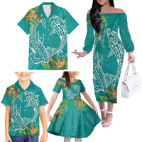 Polynesia Family Matching Off The Shoulder Long Sleeve Dress and Hawaiian Shirt Sharks Duo Tropical Teal LT7 - Polynesian Pride