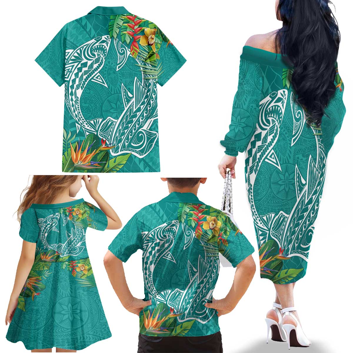 Polynesia Family Matching Off The Shoulder Long Sleeve Dress and Hawaiian Shirt Sharks Duo Tropical Teal LT7 - Polynesian Pride