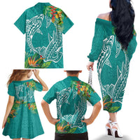 Polynesia Family Matching Off The Shoulder Long Sleeve Dress and Hawaiian Shirt Sharks Duo Tropical Teal LT7 - Polynesian Pride