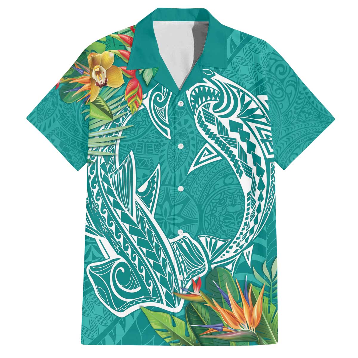 Polynesia Family Matching Off The Shoulder Long Sleeve Dress and Hawaiian Shirt Sharks Duo Tropical Teal LT7 Dad's Shirt - Short Sleeve Teal - Polynesian Pride