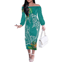 Polynesia Family Matching Off The Shoulder Long Sleeve Dress and Hawaiian Shirt Sharks Duo Tropical Teal LT7 Mom's Dress Teal - Polynesian Pride
