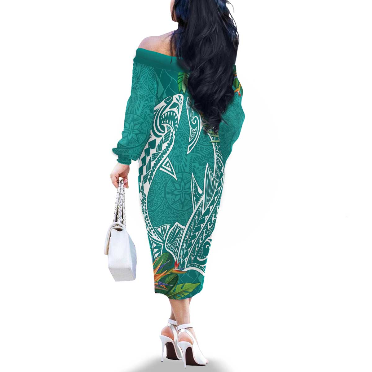 Polynesia Family Matching Off The Shoulder Long Sleeve Dress and Hawaiian Shirt Sharks Duo Tropical Teal LT7 - Polynesian Pride