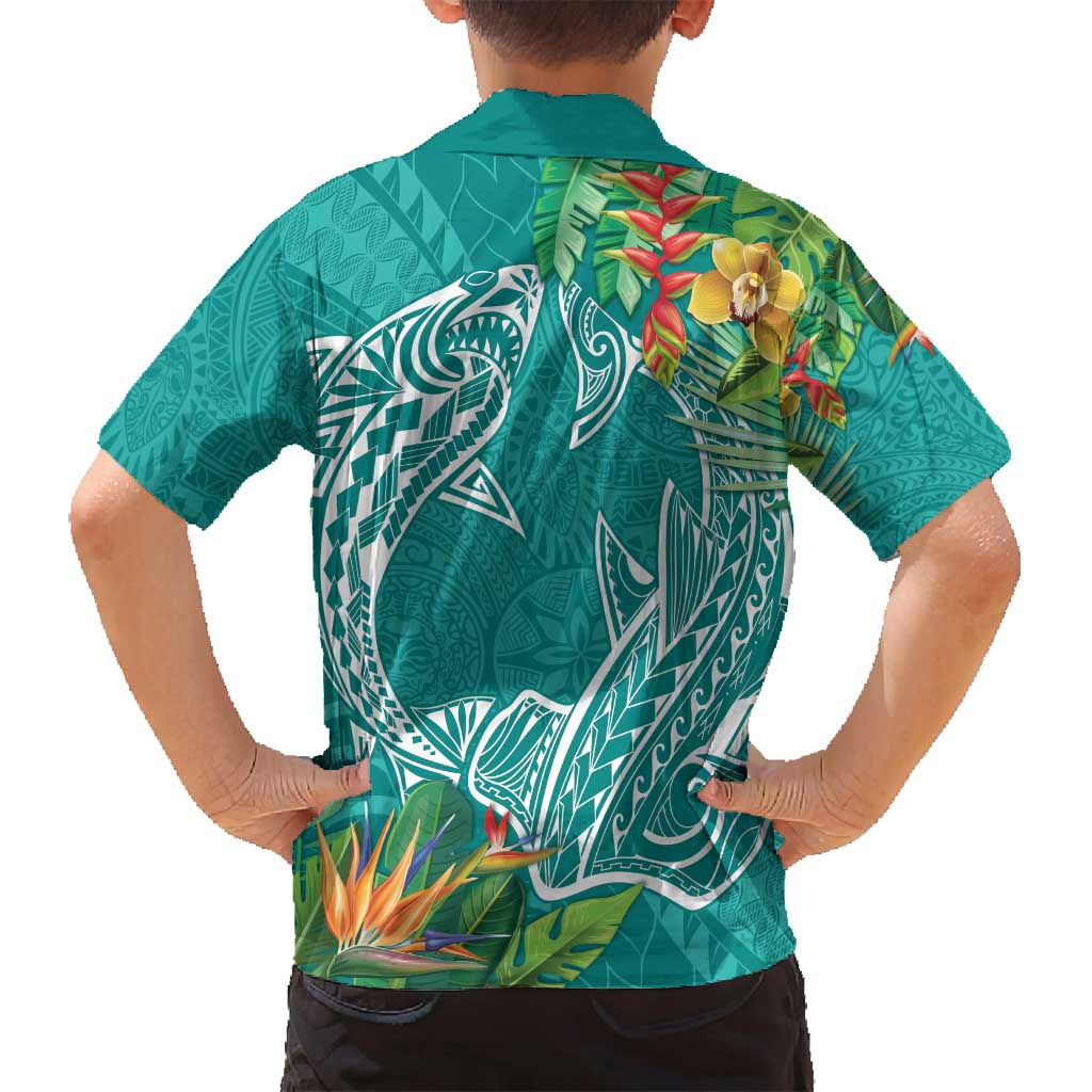 Polynesia Family Matching Off Shoulder Maxi Dress and Hawaiian Shirt Sharks Duo Tropical Teal LT7 - Polynesian Pride