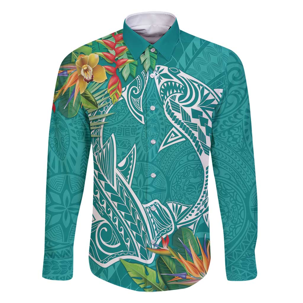Polynesia Family Matching Off Shoulder Maxi Dress and Hawaiian Shirt Sharks Duo Tropical Teal LT7 Dad's Shirt - Long Sleeve Teal - Polynesian Pride