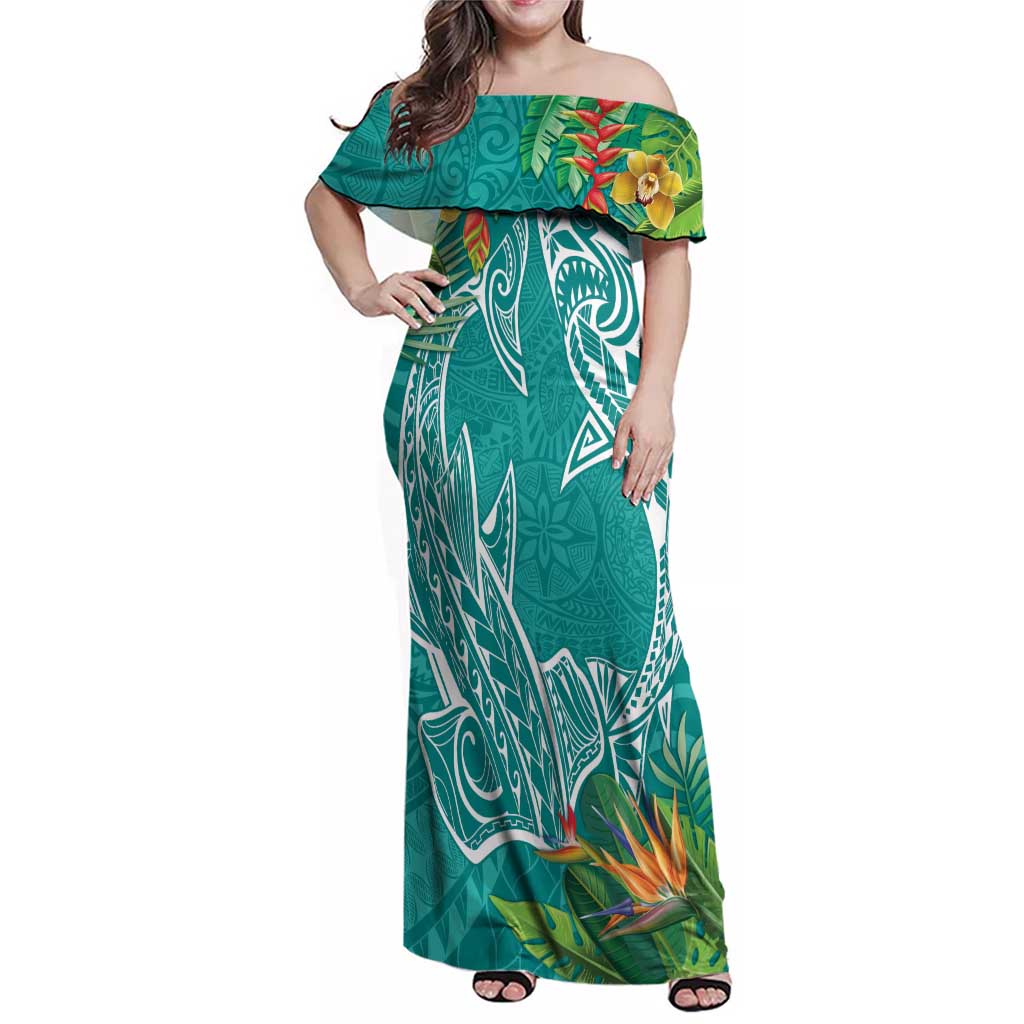 Polynesia Family Matching Off Shoulder Maxi Dress and Hawaiian Shirt Sharks Duo Tropical Teal LT7 Mom's Dress Teal - Polynesian Pride