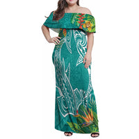 Polynesia Family Matching Off Shoulder Maxi Dress and Hawaiian Shirt Sharks Duo Tropical Teal LT7 Mom's Dress Teal - Polynesian Pride