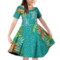 Polynesia Family Matching Off Shoulder Short Dress and Hawaiian Shirt Sharks Duo Tropical Teal LT7 Daughter's Dress Teal - Polynesian Pride