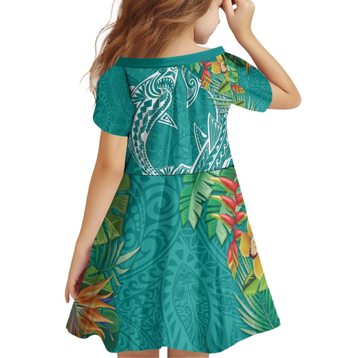 Polynesia Family Matching Off Shoulder Short Dress and Hawaiian Shirt Sharks Duo Tropical Teal LT7 - Polynesian Pride