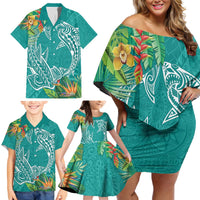 Polynesia Family Matching Off Shoulder Short Dress and Hawaiian Shirt Sharks Duo Tropical Teal LT7 - Polynesian Pride