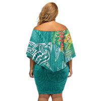 Polynesia Family Matching Off Shoulder Short Dress and Hawaiian Shirt Sharks Duo Tropical Teal LT7 - Polynesian Pride
