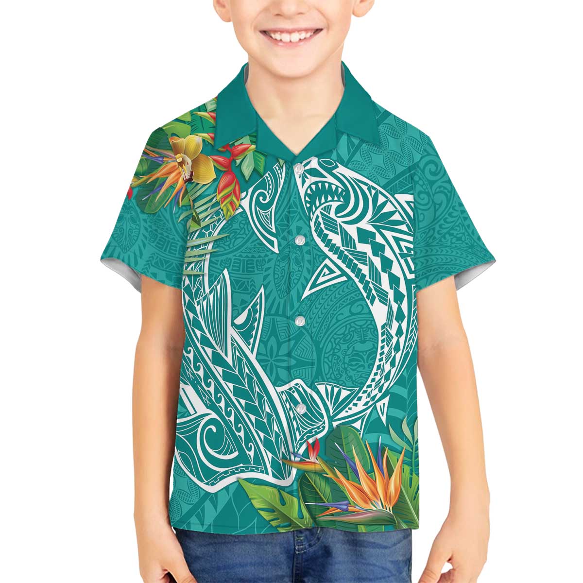 Polynesia Family Matching Off Shoulder Short Dress and Hawaiian Shirt Sharks Duo Tropical Teal LT7 Son's Shirt Teal - Polynesian Pride