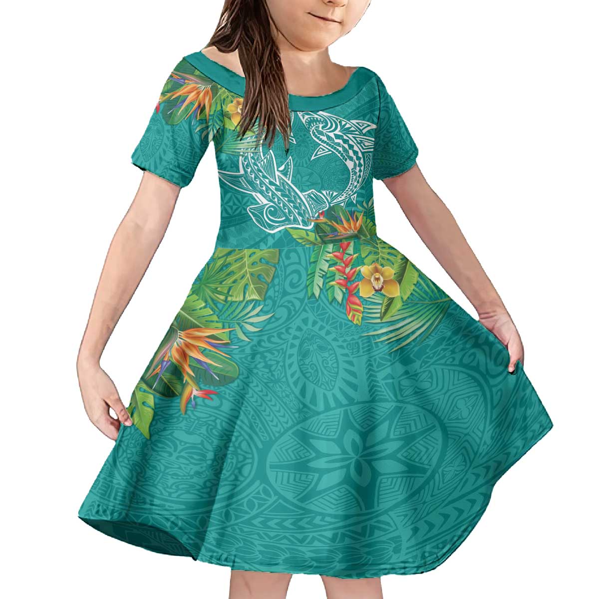 Polynesia Family Matching Puletasi and Hawaiian Shirt Sharks Duo Tropical Teal