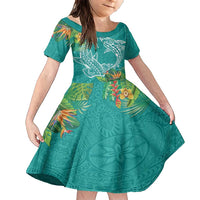 Polynesia Family Matching Short Sleeve Bodycon Dress and Hawaiian Shirt Sharks Duo Tropical Teal LT7 Daughter's Dress Teal - Polynesian Pride