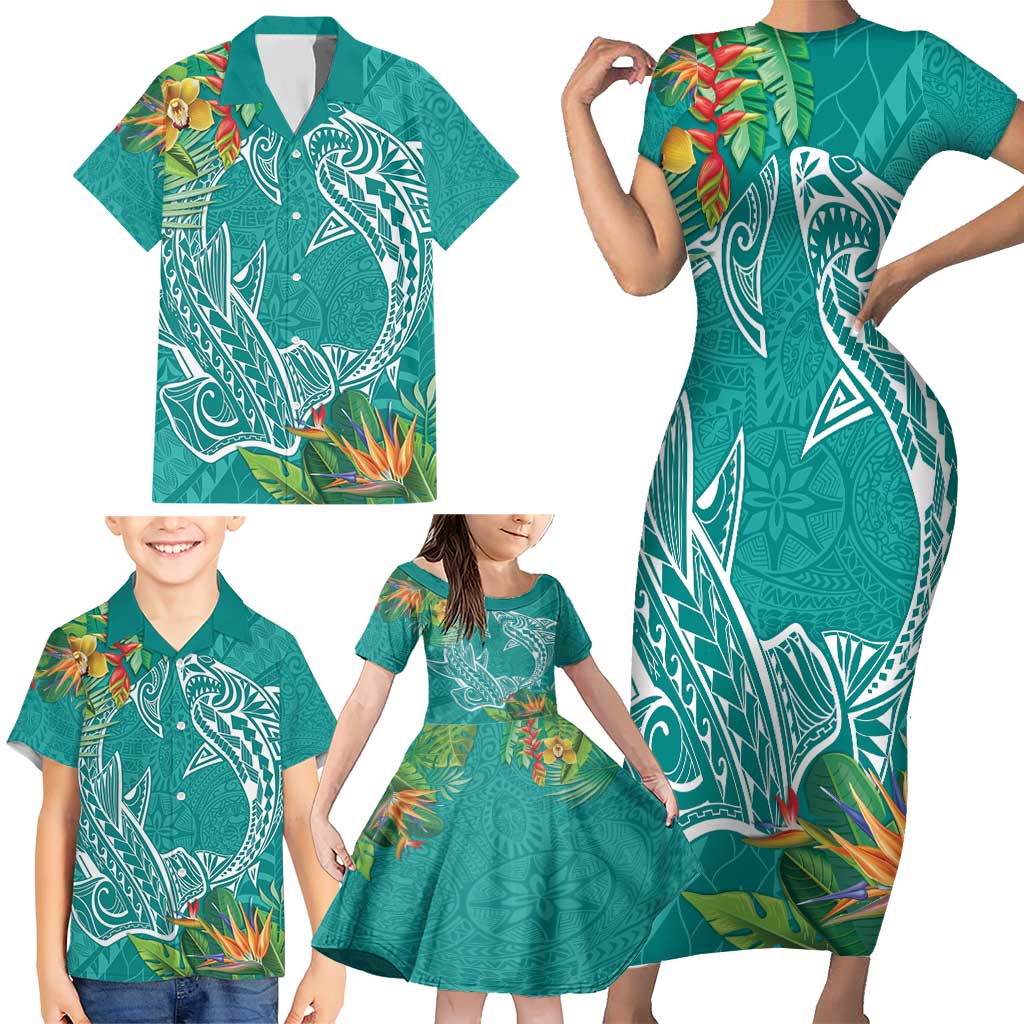Polynesia Family Matching Short Sleeve Bodycon Dress and Hawaiian Shirt Sharks Duo Tropical Teal LT7 - Polynesian Pride