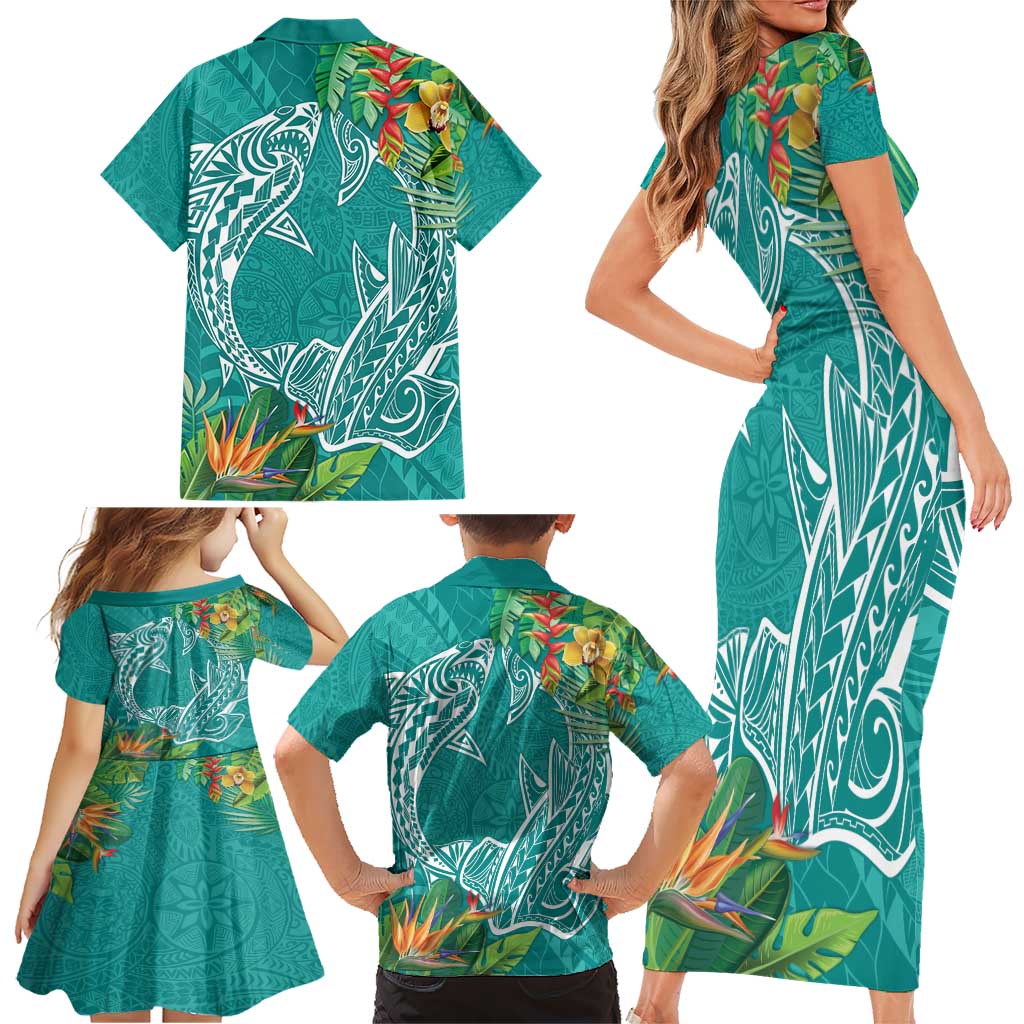 Polynesia Family Matching Short Sleeve Bodycon Dress and Hawaiian Shirt Sharks Duo Tropical Teal LT7 - Polynesian Pride
