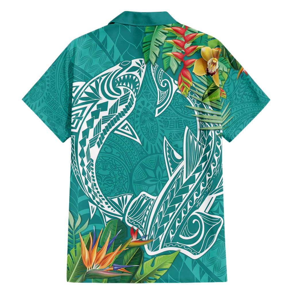 Polynesia Family Matching Short Sleeve Bodycon Dress and Hawaiian Shirt Sharks Duo Tropical Teal LT7 - Polynesian Pride
