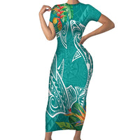Polynesia Family Matching Short Sleeve Bodycon Dress and Hawaiian Shirt Sharks Duo Tropical Teal LT7 Mom's Dress Teal - Polynesian Pride