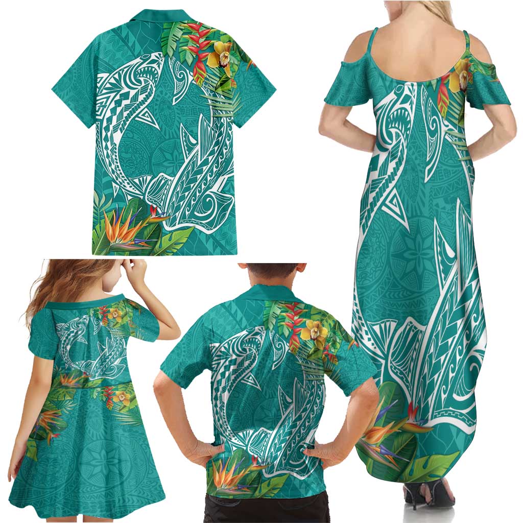Polynesia Family Matching Summer Maxi Dress and Hawaiian Shirt Sharks Duo Tropical Teal LT7 - Polynesian Pride