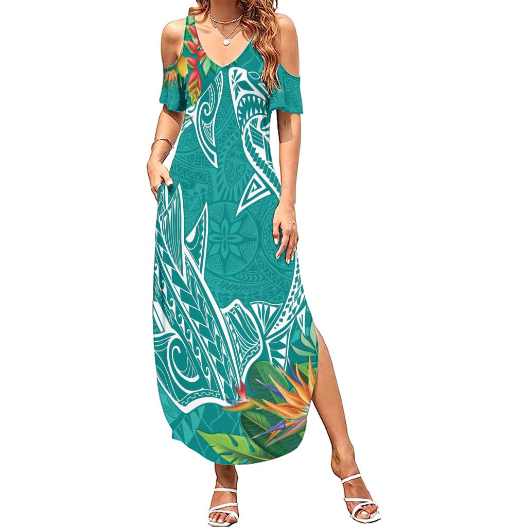 Polynesia Family Matching Summer Maxi Dress and Hawaiian Shirt Sharks Duo Tropical Teal LT7 Mom's Dress Teal - Polynesian Pride