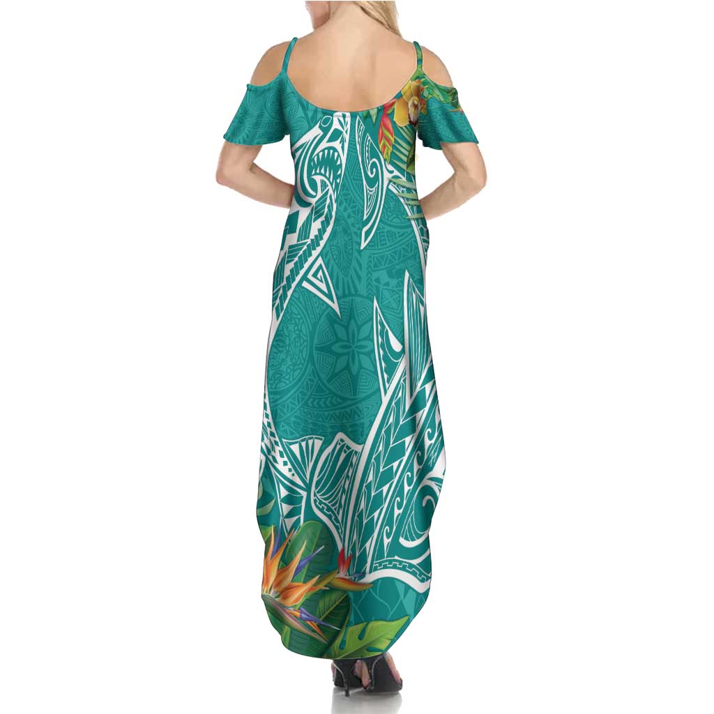 Polynesia Family Matching Summer Maxi Dress and Hawaiian Shirt Sharks Duo Tropical Teal LT7 - Polynesian Pride