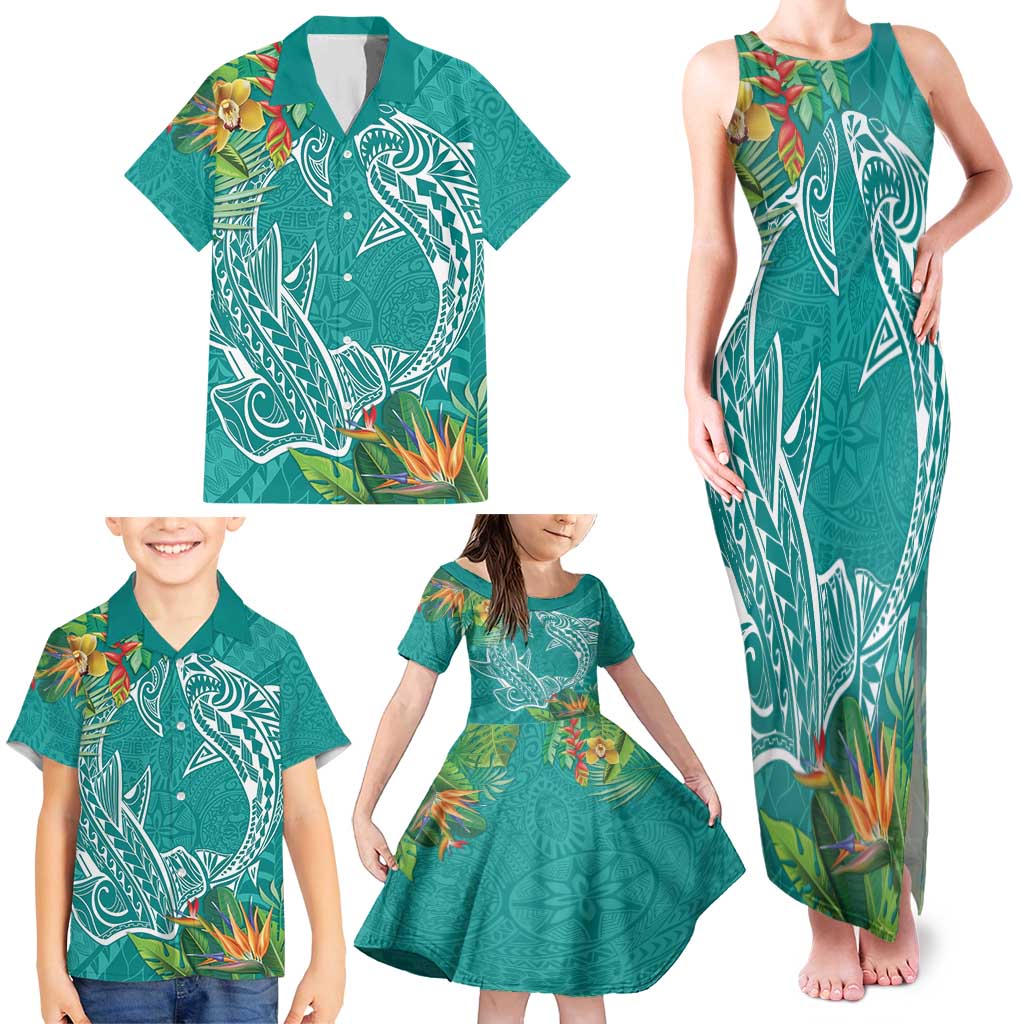 Polynesia Family Matching Tank Maxi Dress and Hawaiian Shirt Sharks Duo Tropical Teal LT7 - Polynesian Pride