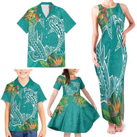 Polynesia Family Matching Tank Maxi Dress and Hawaiian Shirt Sharks Duo Tropical Teal LT7 - Polynesian Pride