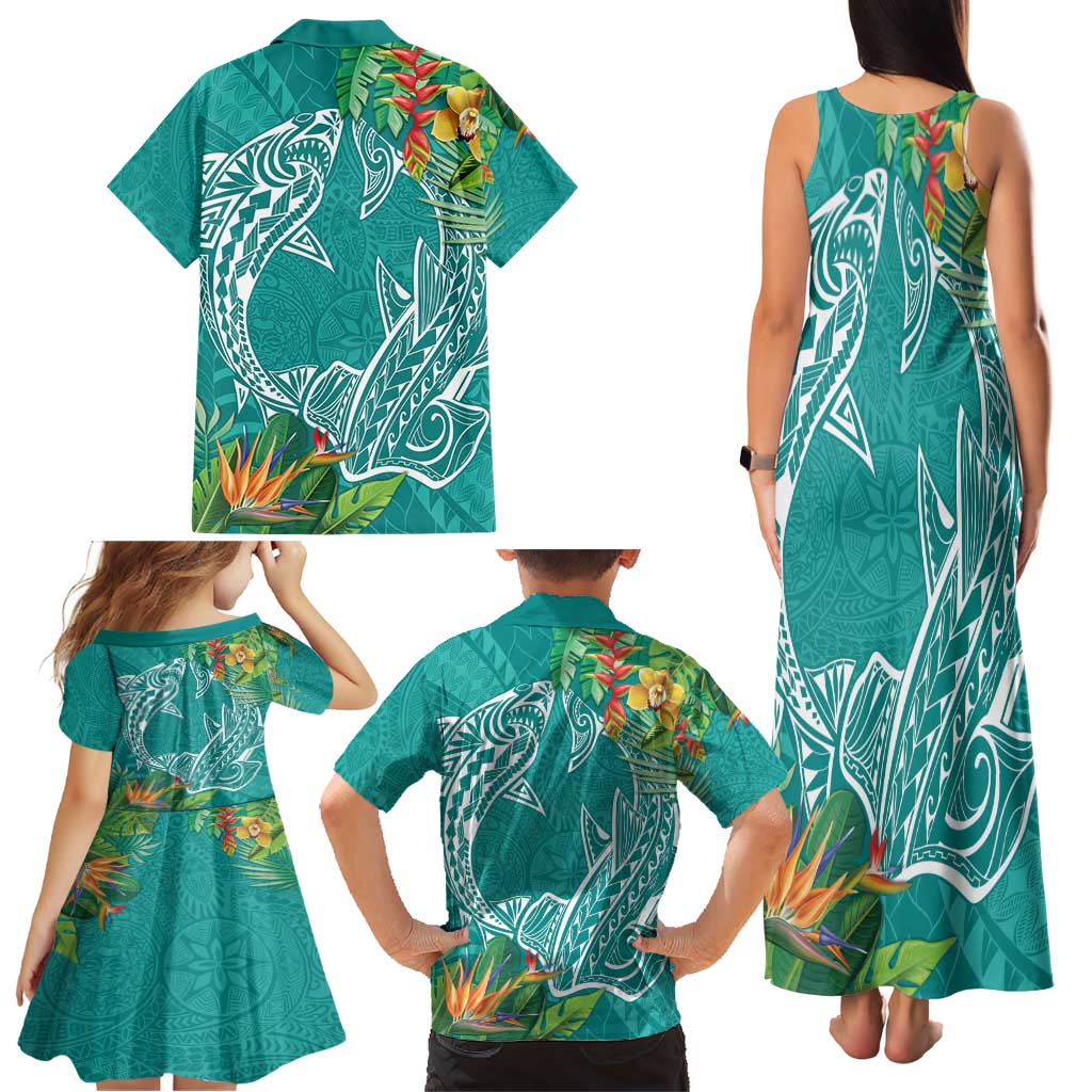 Polynesia Family Matching Tank Maxi Dress and Hawaiian Shirt Sharks Duo Tropical Teal LT7 - Polynesian Pride