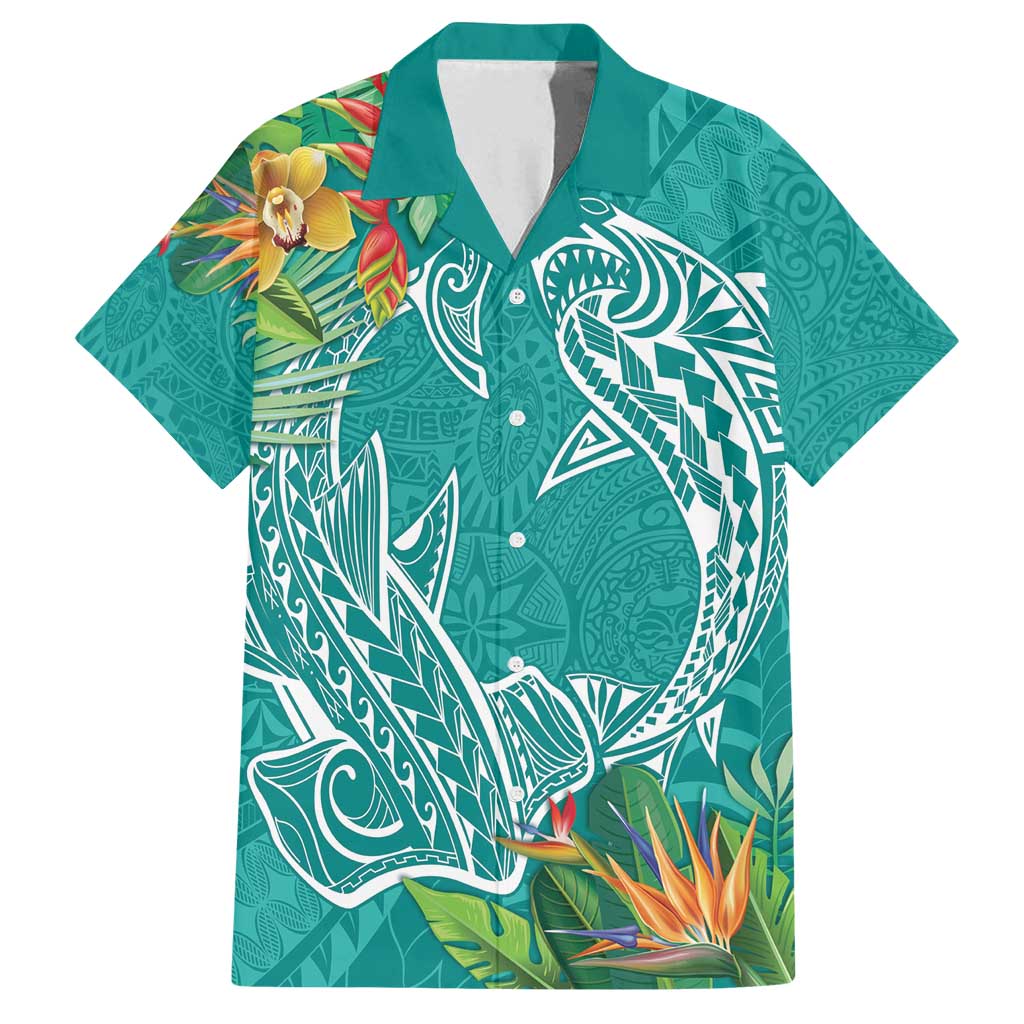 Polynesia Family Matching Tank Maxi Dress and Hawaiian Shirt Sharks Duo Tropical Teal LT7 Dad's Shirt - Short Sleeve Teal - Polynesian Pride
