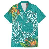 Polynesia Family Matching Tank Maxi Dress and Hawaiian Shirt Sharks Duo Tropical Teal LT7 Dad's Shirt - Short Sleeve Teal - Polynesian Pride