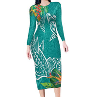 Polynesia Long Sleeve Bodycon Dress Sharks Duo Tropical Teal LT7 Long Dress Teal - Polynesian Pride
