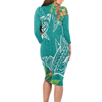 Polynesia Long Sleeve Bodycon Dress Sharks Duo Tropical Teal LT7 - Polynesian Pride
