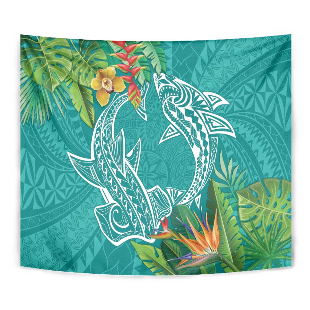 Polynesia Tapestry Sharks Duo Tropical Teal