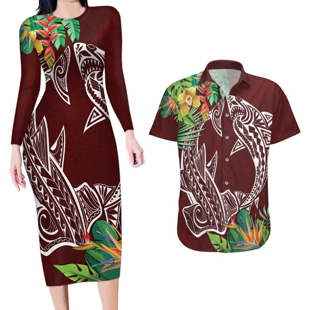Polynesia Couples Matching Long Sleeve Bodycon Dress and Hawaiian Shirt Sharks Duo Tropical Oxblood LT7 Oxblood - Polynesian Pride