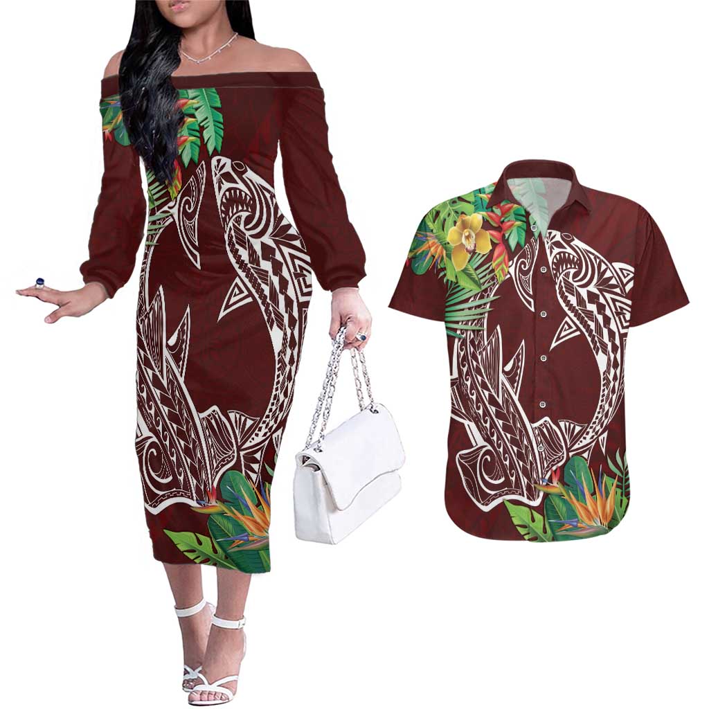 Polynesia Couples Matching Off The Shoulder Long Sleeve Dress and Hawaiian Shirt Sharks Duo Tropical Oxblood LT7 Oxblood - Polynesian Pride