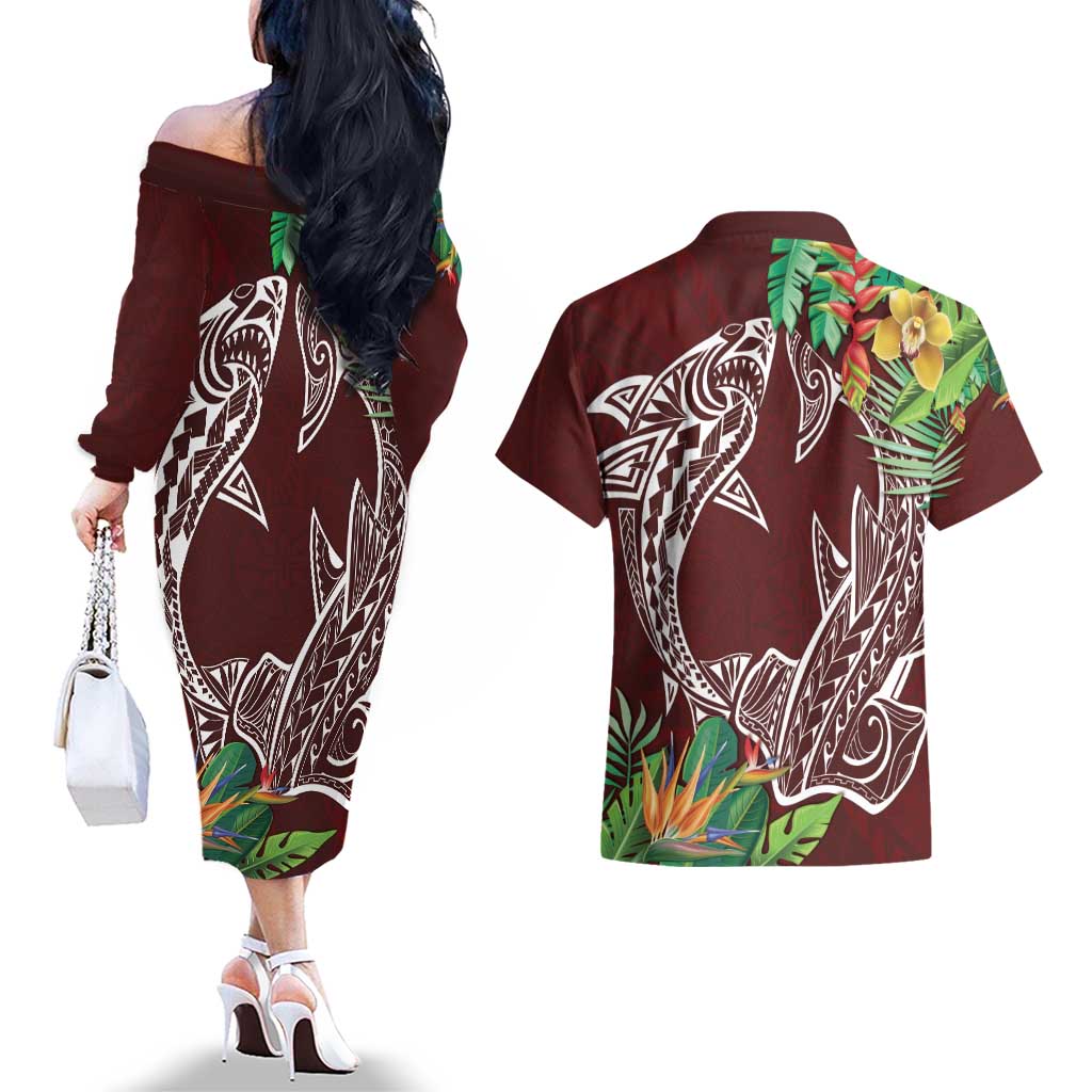 Polynesia Couples Matching Off The Shoulder Long Sleeve Dress and Hawaiian Shirt Sharks Duo Tropical Oxblood LT7 - Polynesian Pride