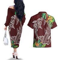 Polynesia Couples Matching Off The Shoulder Long Sleeve Dress and Hawaiian Shirt Sharks Duo Tropical Oxblood LT7 - Polynesian Pride